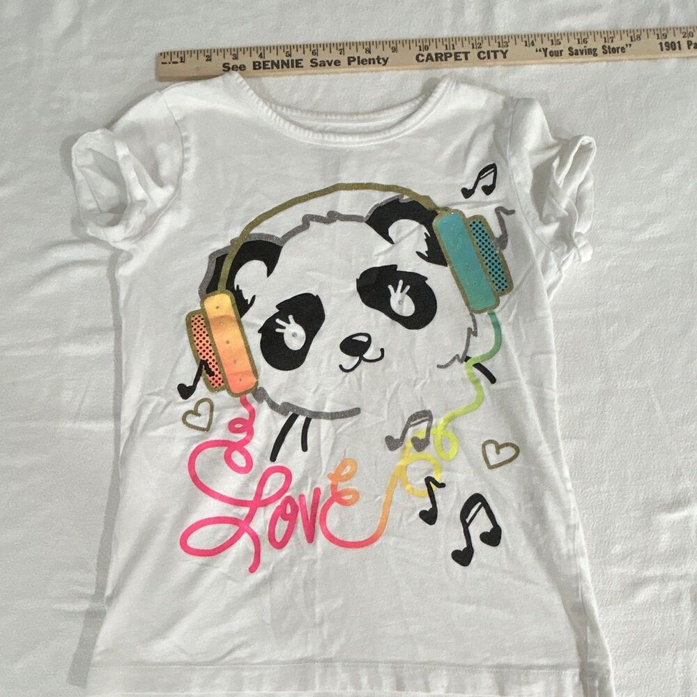 CINCO Girls 7/8 White Panda Love Music Graphic Glitter Tee Cotton Crew Neck